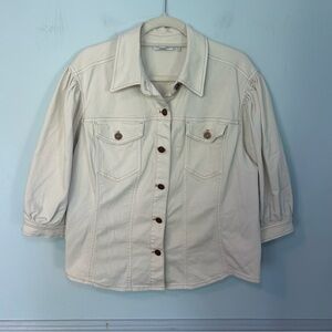 Chico’s Ivory Denim 3/4 Puff Sleeve Button Up Denim Jacket Size XL